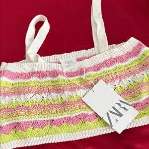 girls Zara Striped Knit Crop Top in Pink and Lime